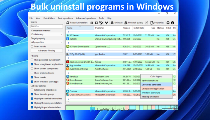 用于在 Windows 11/10 中批量卸载程序和 Microsoft Store 应用程序的免费软件 - Tech Club