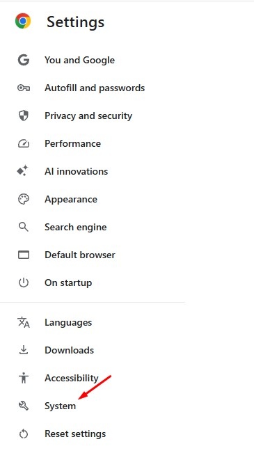 Chrome 设置中的系统选项