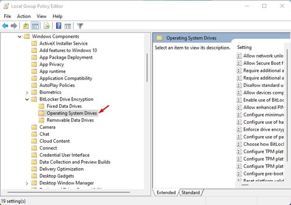 在本地组策略编辑器中展开 BitLocker 驱动器加密的操作系统驱动器路径