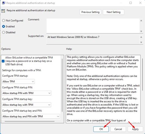 点击应用和确定,在 Windows 11 无 TPM 电脑上启用 BitLocker