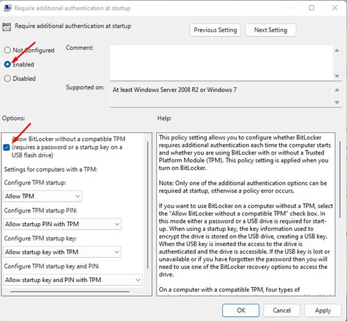 勾选没有兼容的 TPM 时允许使用 BitLocker 选项