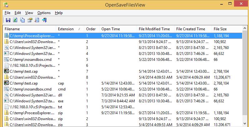 OpenSaveFilesView 列出的打开和保存文件记录