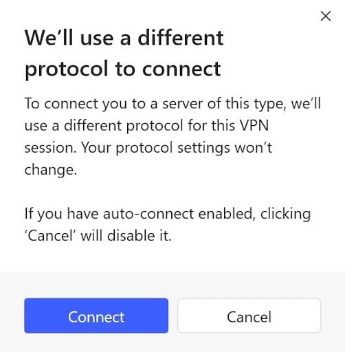NordVPN 客户端中的协议切换提示