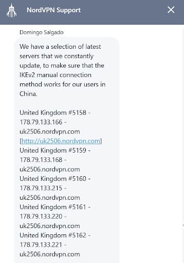 NordVPN 客服在线聊天对话界面
