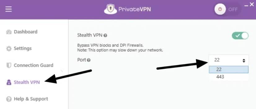 PrivateVPN 客户端中的 StealthVPN 连接设置