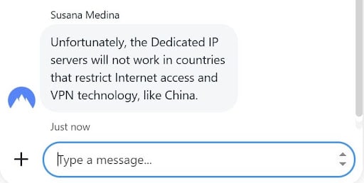 NordVPN 客服关于专用 IP 的回复