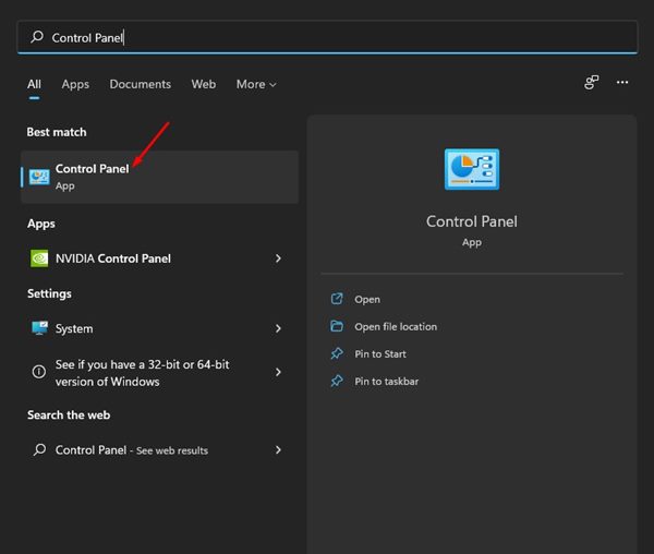 在 Windows 11 搜索栏中打开控制面板